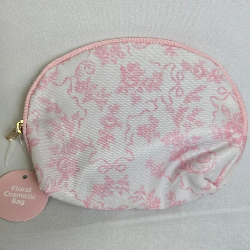 Set of 2 Floral Travel Cosmetic Zipper Pouches White Blue Pink 5.5